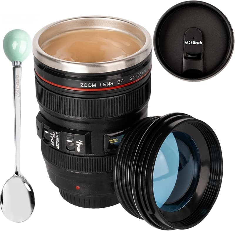 Camera Lens Travel Mug - Stainless Steel, Gift for Photographers