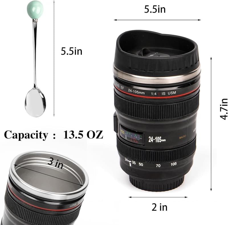 Camera Lens Travel Mug - Stainless Steel, Gift for Photographers
