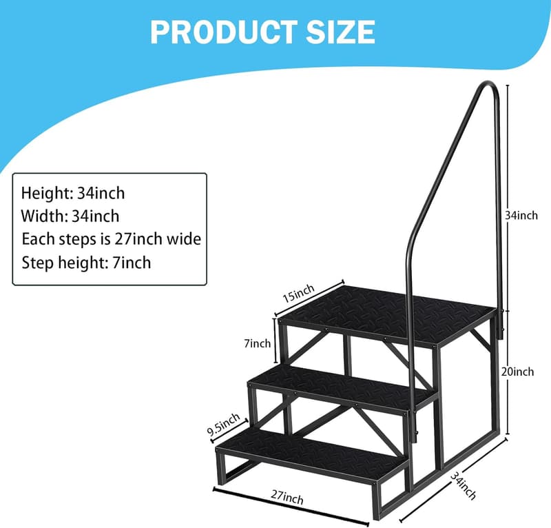 Portable 3-Step RV Ladder with Handrail, 660Lbs Capacity