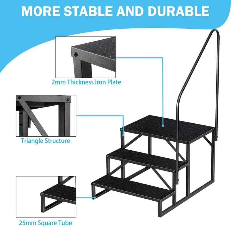 Portable 3-Step RV Ladder with Handrail, 660Lbs Capacity