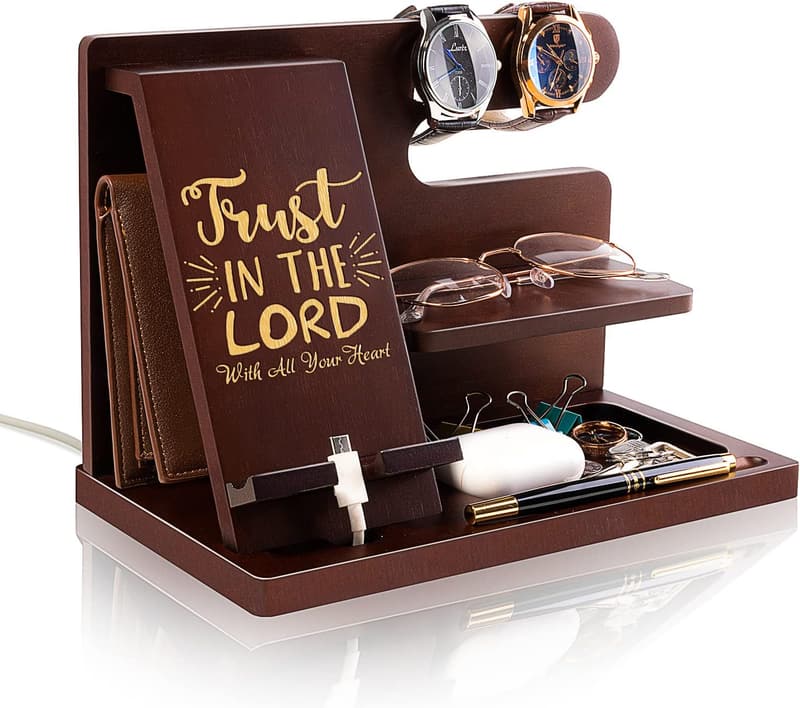 Personalized Wood Phone Docking Station for Men with Bible Verse