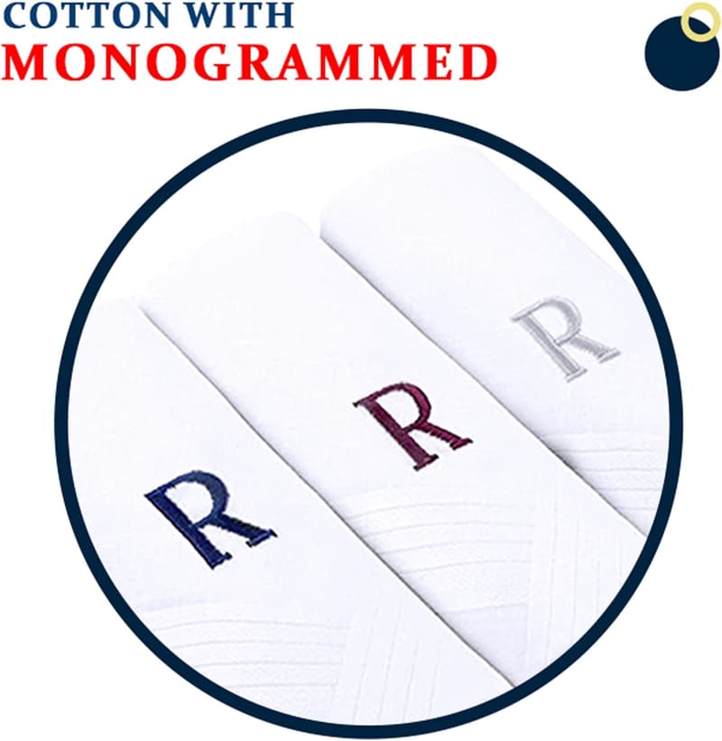 Monogrammed 100% Cotton Handkerchiefs for Men - 3 Piece Set