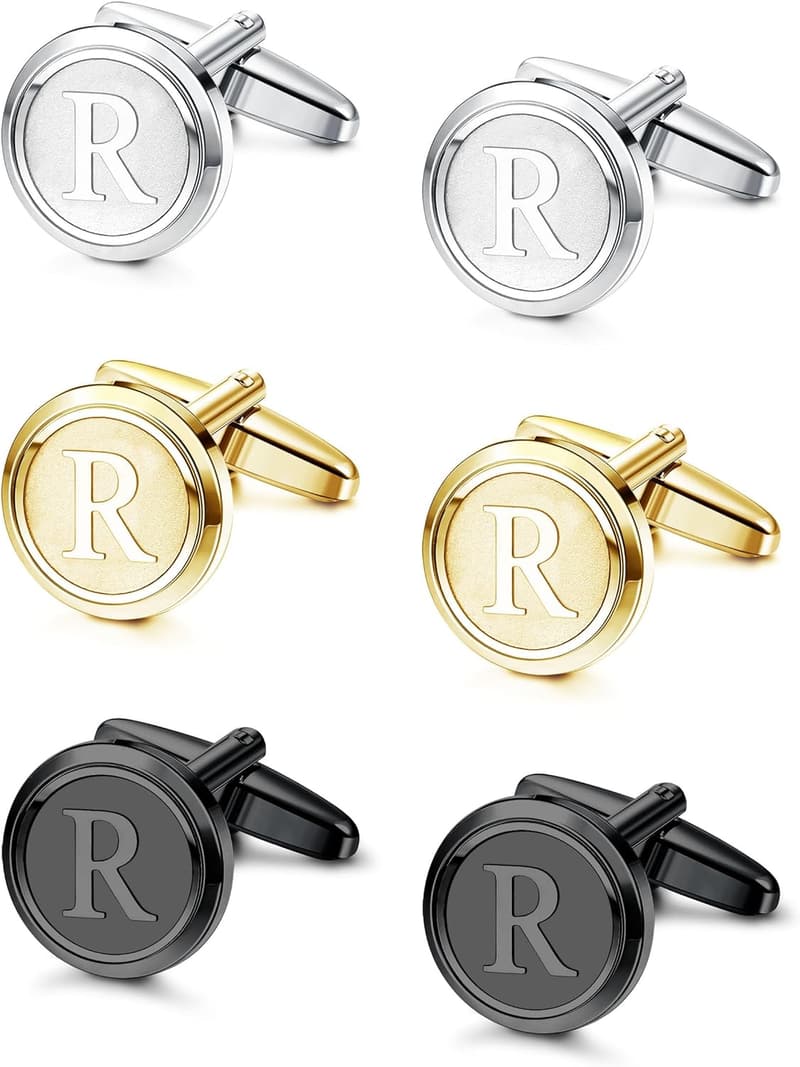 Classic Initial Cufflinks Set for Men - Silver, Black, Gold