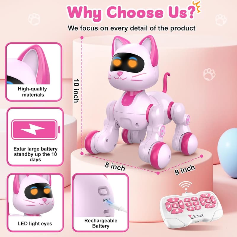 Interactive Pink Robot Cat Toy for Kids Age 3-10