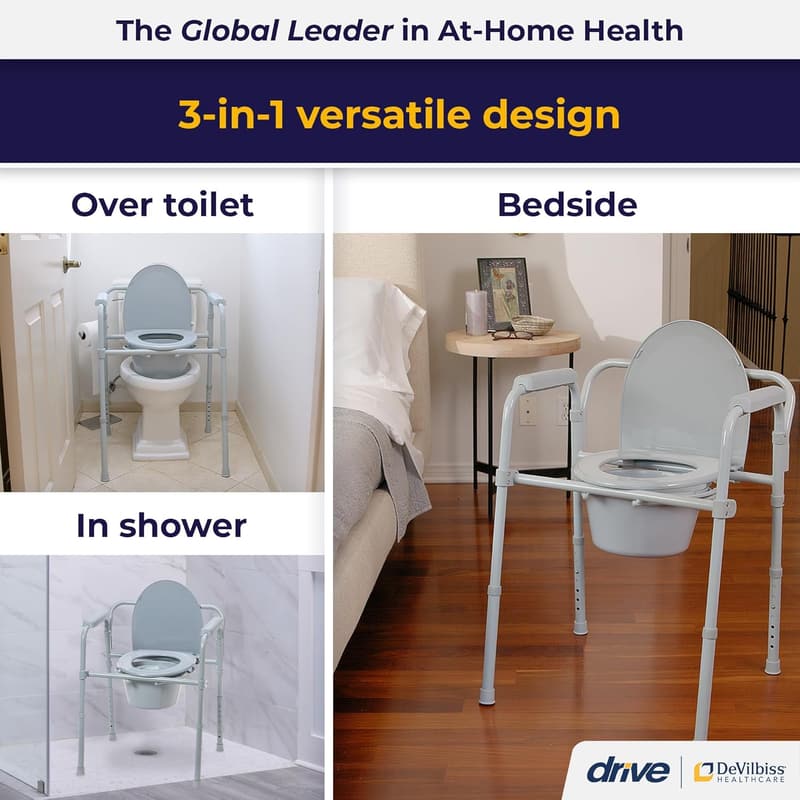 Portable Folding Steel Bedside Commode Chair, 350 Lb Capacity