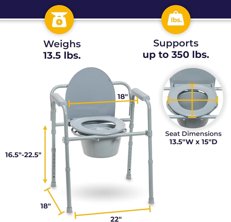 Portable Folding Steel Bedside Commode Chair, 350 Lb Capacity