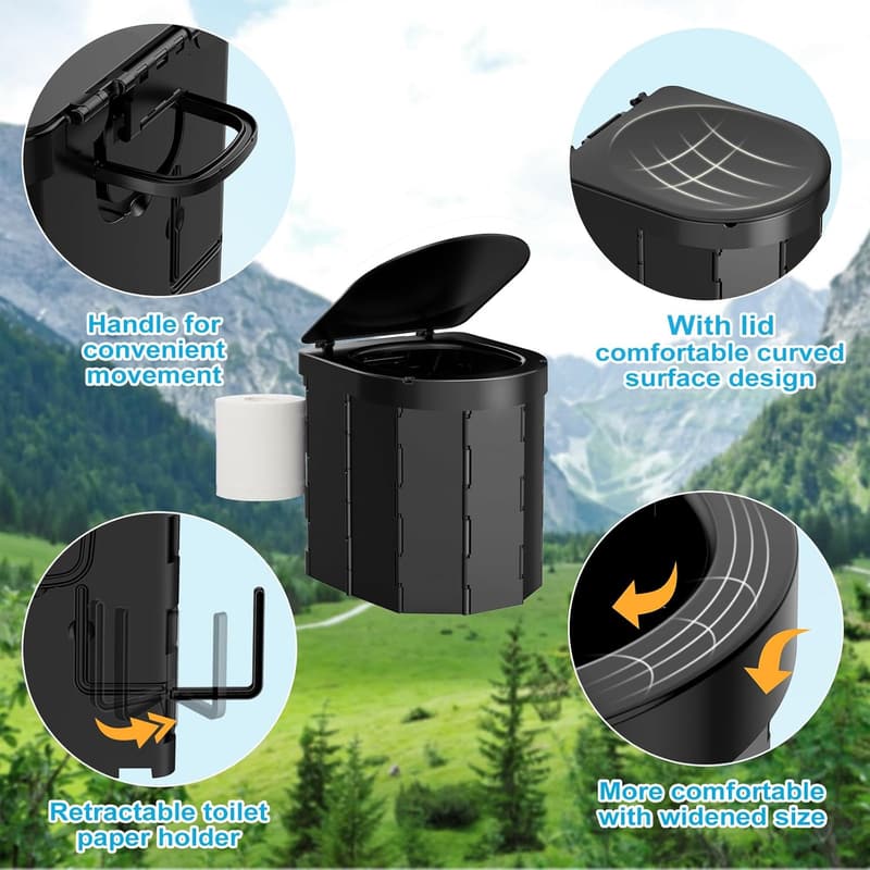 Portable Camping Toilet with Lid and Paper Holder for Adults