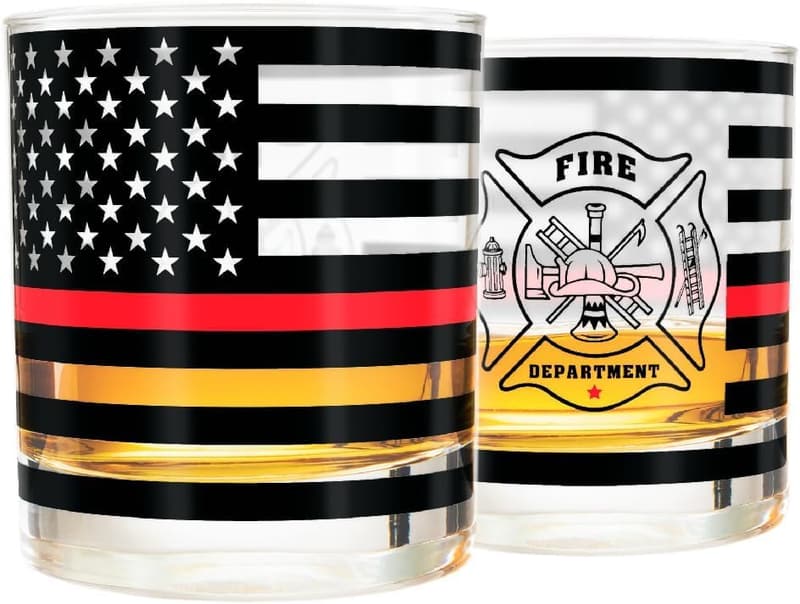 Firefighter Whiskey Glass Set - 10 oz, Thin Red Line Design