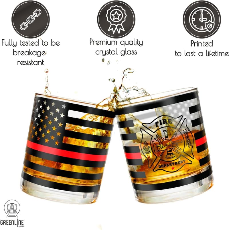 Firefighter Whiskey Glass Set - 10 oz, Thin Red Line Design