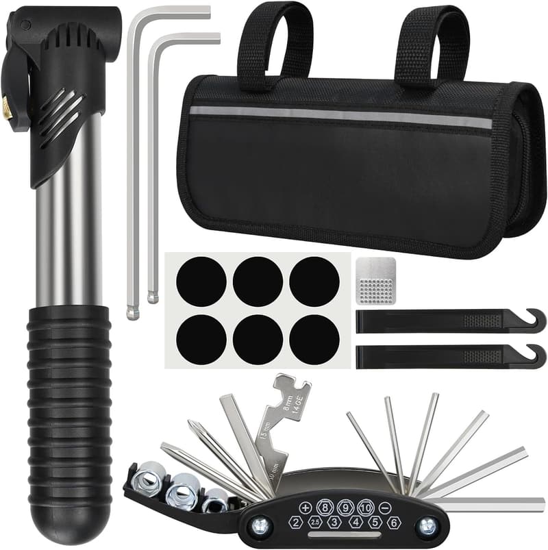 Bike Repair Kit with Tire Pump & 16-in-1 Multitool for Travel