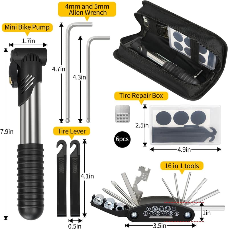 Bike Repair Kit with Tire Pump & 16-in-1 Multitool for Travel