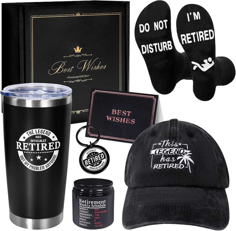 Funny Retirement Gift Set for Men – Tumbler, Cap, Socks & Keychain