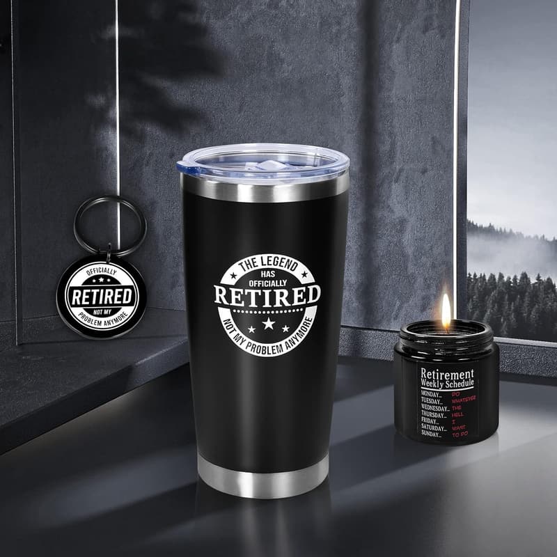 Funny Retirement Gift Set for Men – Tumbler, Cap, Socks & Keychain