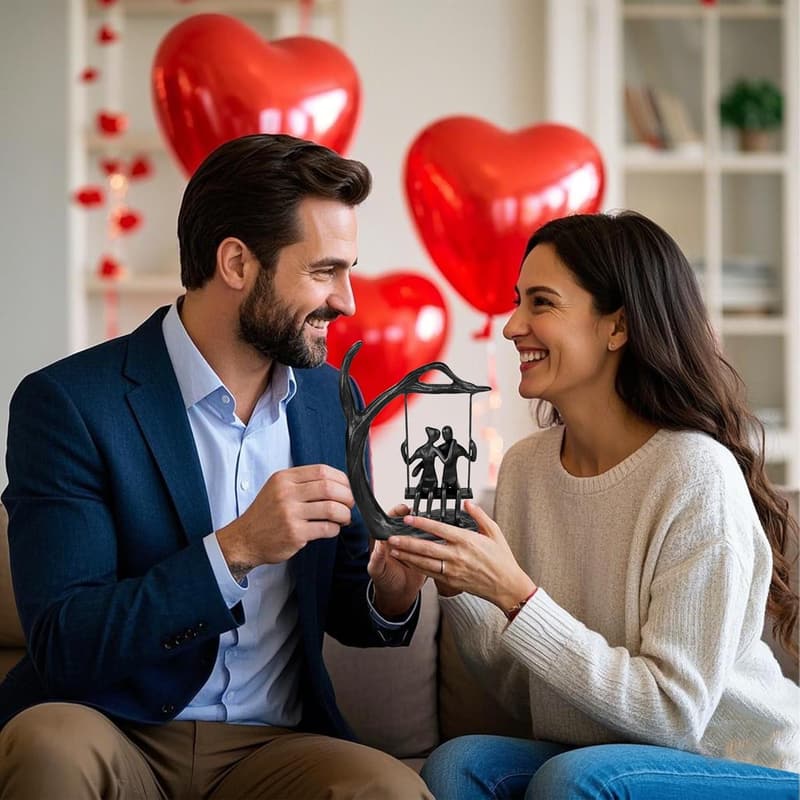 Romantic Anniversary Couple Statue - Black Metal Sculpture Decor
