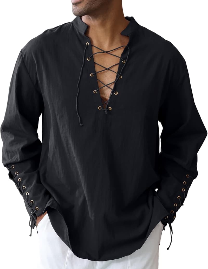 Men's Linen Pirate Shirt with Drawstring - Renaissance Costume