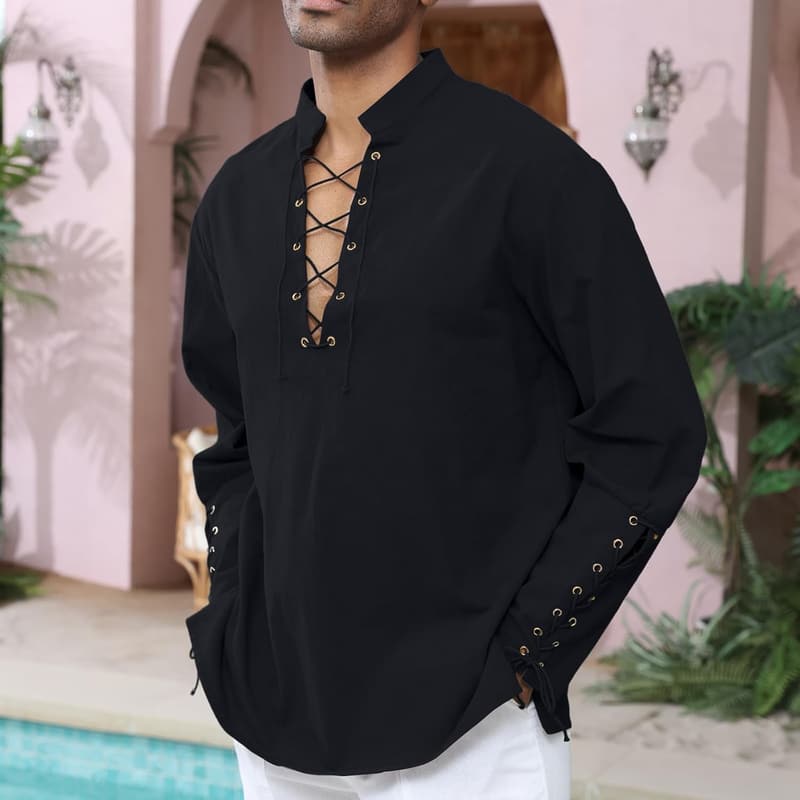 Men's Linen Pirate Shirt with Drawstring - Renaissance Costume