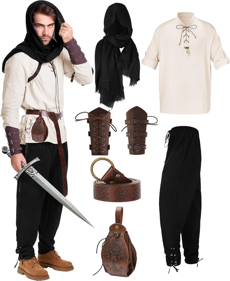 Medieval Pirate Costume Set for Men - 6 Pcs Halloween Outfit
