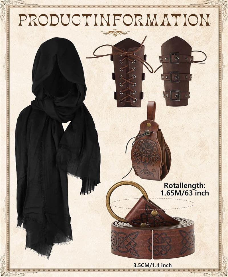 Medieval Pirate Costume Set for Men - 6 Pcs Halloween Outfit