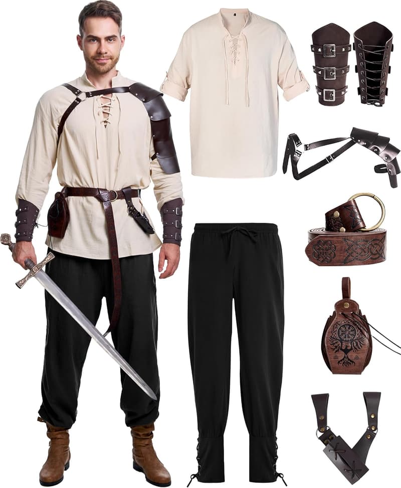 Men's Medieval Renaissance Pirate Costume Set - 8 Pcs