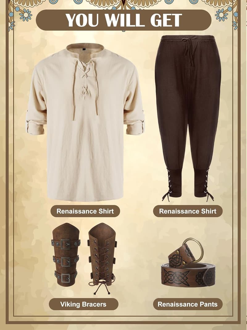 Halloween Men's Renaissance Pirate Costume Set with Belt & Pants