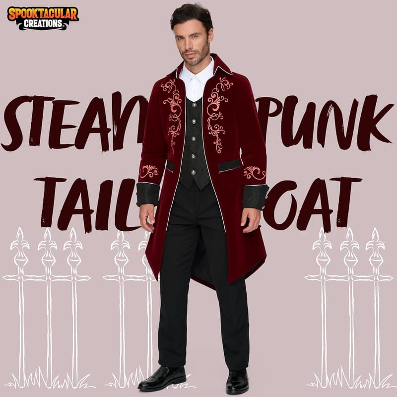 Halloween Medieval Steampunk Tailcoat for Men - Wine Red