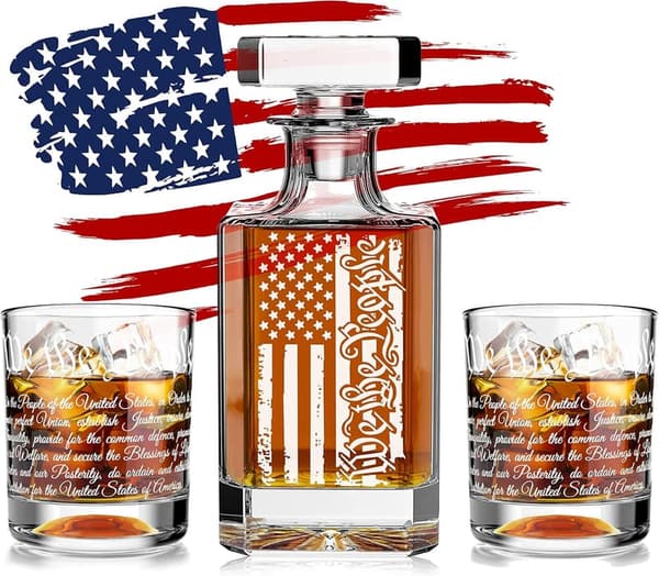 Engraved Whiskey Decanter Set with American Flag & 2 Glasses