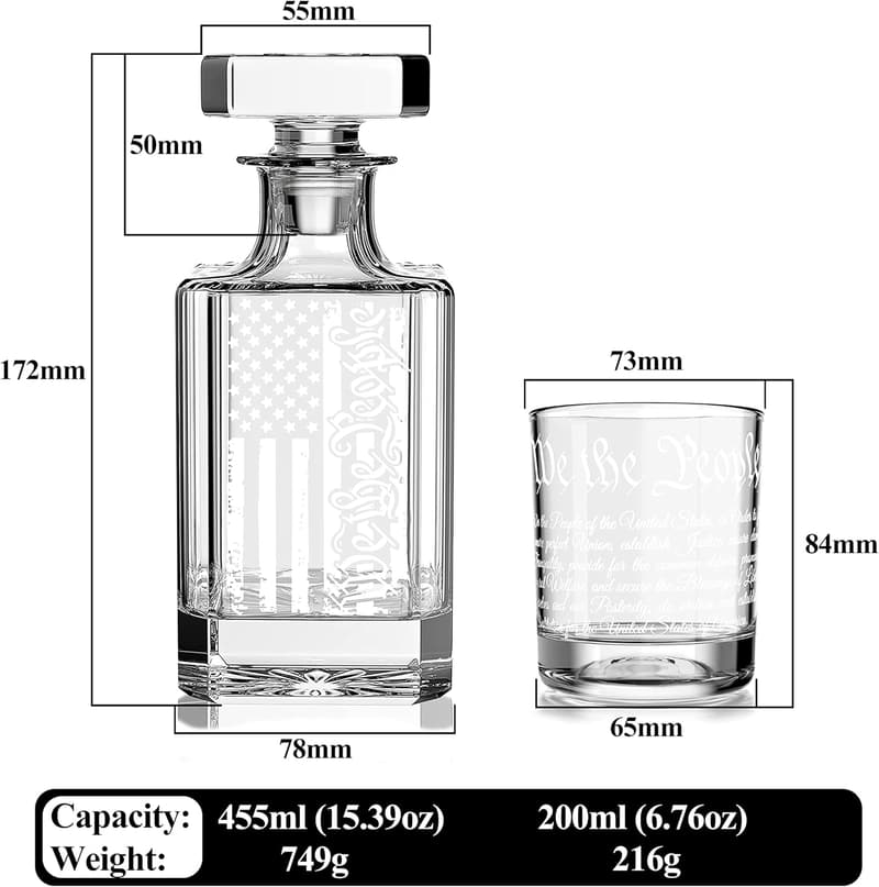 Engraved Whiskey Decanter Set with American Flag & 2 Glasses