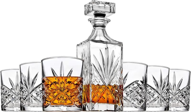 Dublin Crystal Whiskey Decanter & 6 Glass Set for Bar