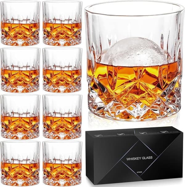 Whiskey Glasses Set of 8 - 11 oz Old Fashioned Gift Box for Dad