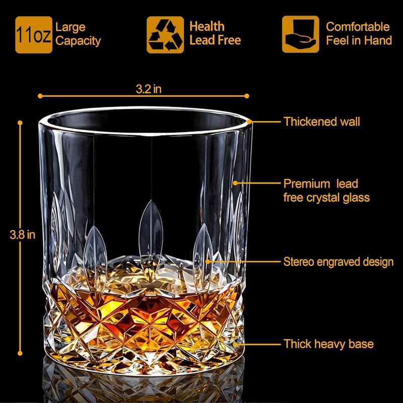 Whiskey Glasses Set of 8 - 11 oz Old Fashioned Gift Box for Dad