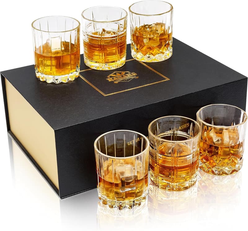 Whiskey Glasses Set of 6 - 10 Oz Tumblers for Men’s Gifts