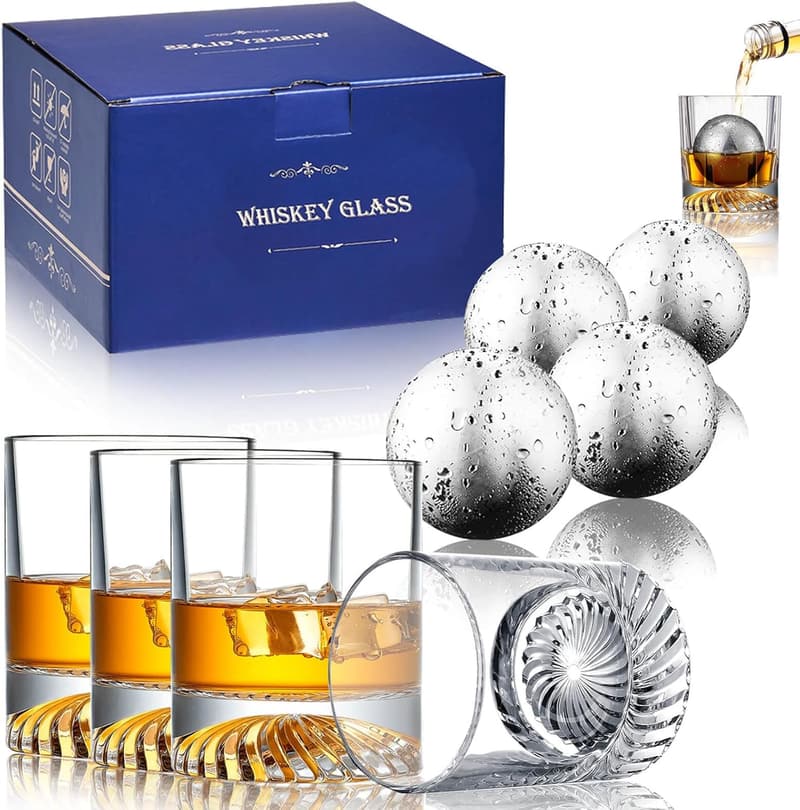 Whiskey Glass Set with XXL Ice Balls - 10oz Gift for Men