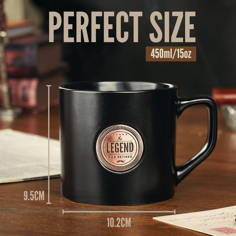 Retirement Gift - Ceramic Coffee Cup with Golden Badge - 15 oz