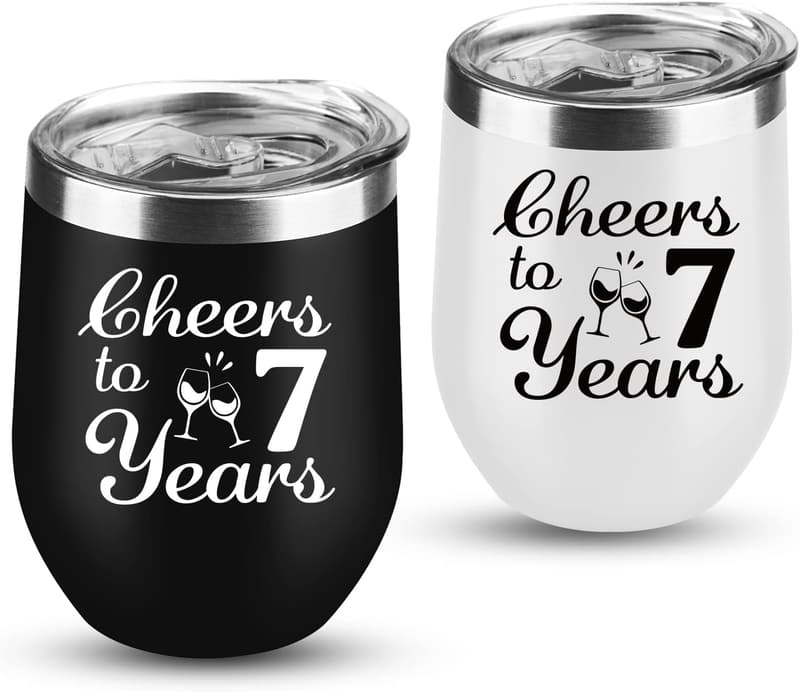 7th Anniversary Copper Wine Tumblers for Couples - 2 Pack, 12 OZ