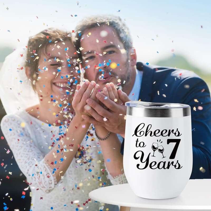 7th Anniversary Copper Wine Tumblers for Couples - 2 Pack, 12 OZ