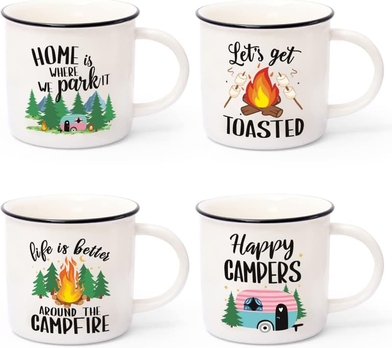 Camping Coffee Mug Set of 4 - Ceramic Travel Cups for Campers