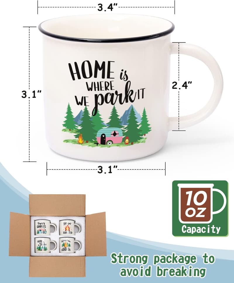 Camping Coffee Mug Set of 4 - Ceramic Travel Cups for Campers