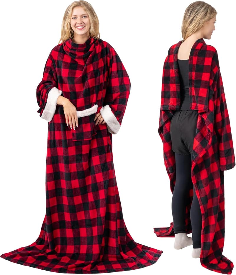 Cozy Wearable Fleece Blanket with Sleeves for Adults