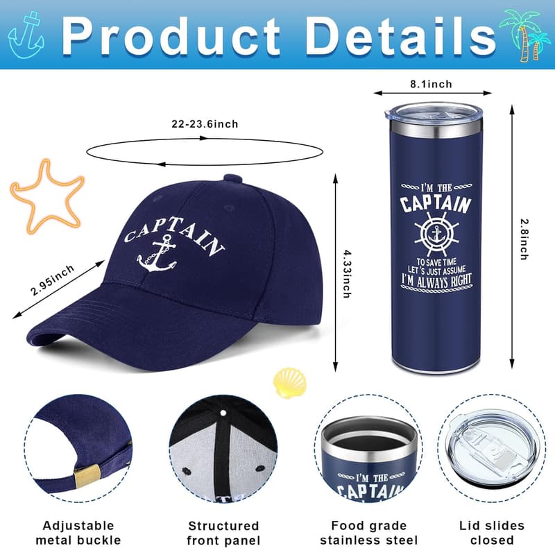 Nautical Gifts for Men: Captain Baseball Cap & Tumbler Set