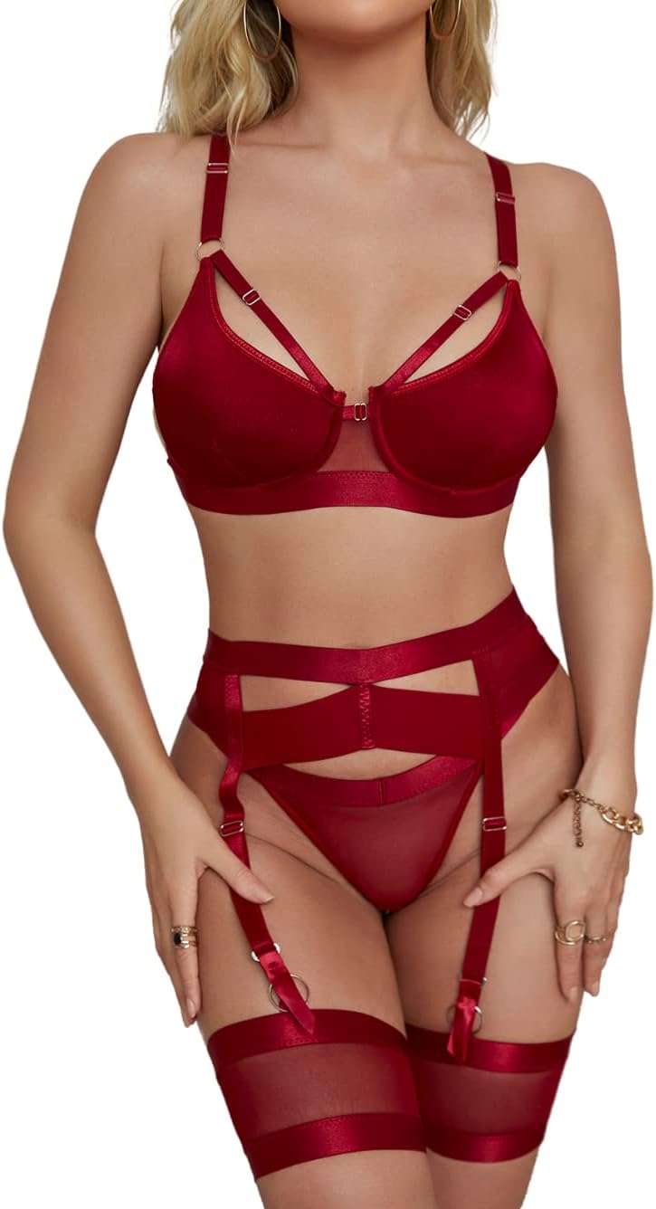 Lace Garter Lingerie Set for Women - Sheer 4-Piece Set