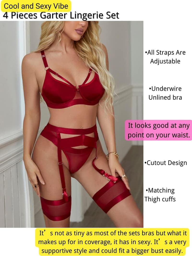 Lace Garter Lingerie Set for Women - Sheer 4-Piece Set