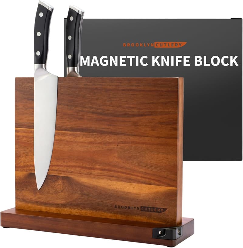 Acacia Wood Magnetic Knife Block with Sharpener for Kitchen