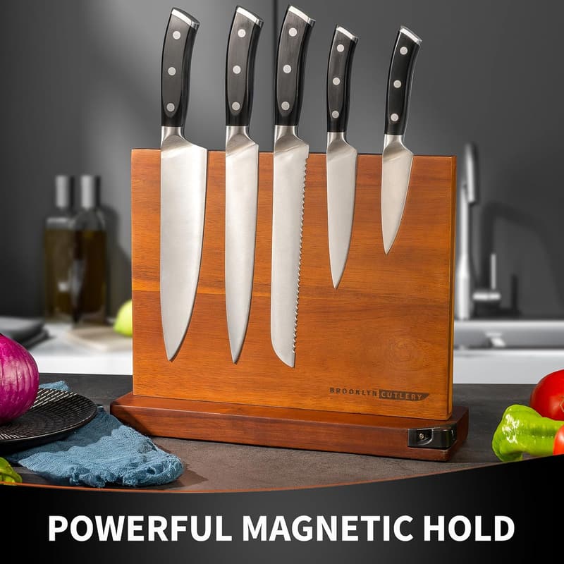 Acacia Wood Magnetic Knife Block with Sharpener for Kitchen