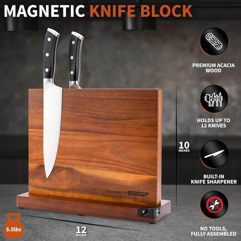 Acacia Wood Magnetic Knife Block with Sharpener for Kitchen