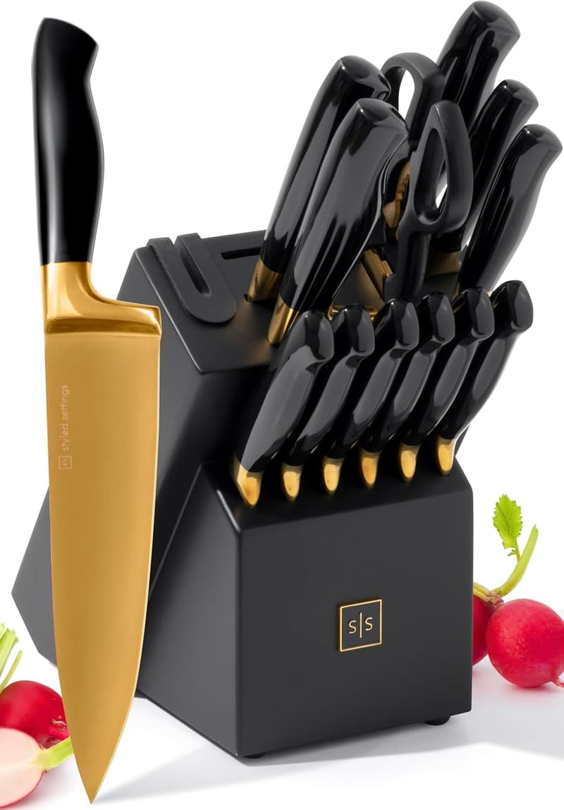 14-Piece Black and Gold Knife Set with Self-Sharpening Block