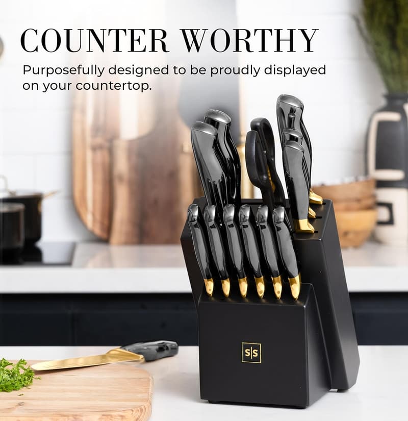 14-Piece Black and Gold Knife Set with Self-Sharpening Block