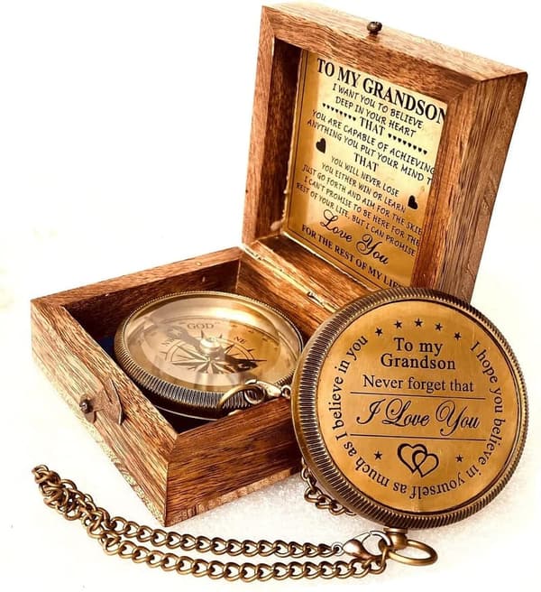 Engraved Brass Compass for Grandson's Birthday or Graduation
