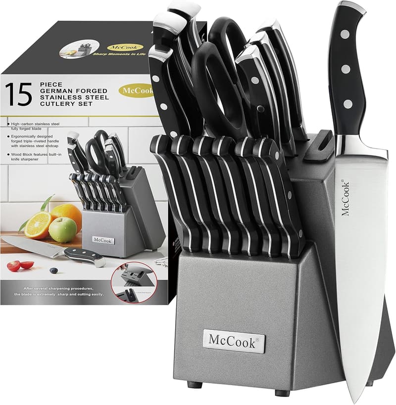 German Stainless Steel Kitchen Knife Block Set with Sharpener