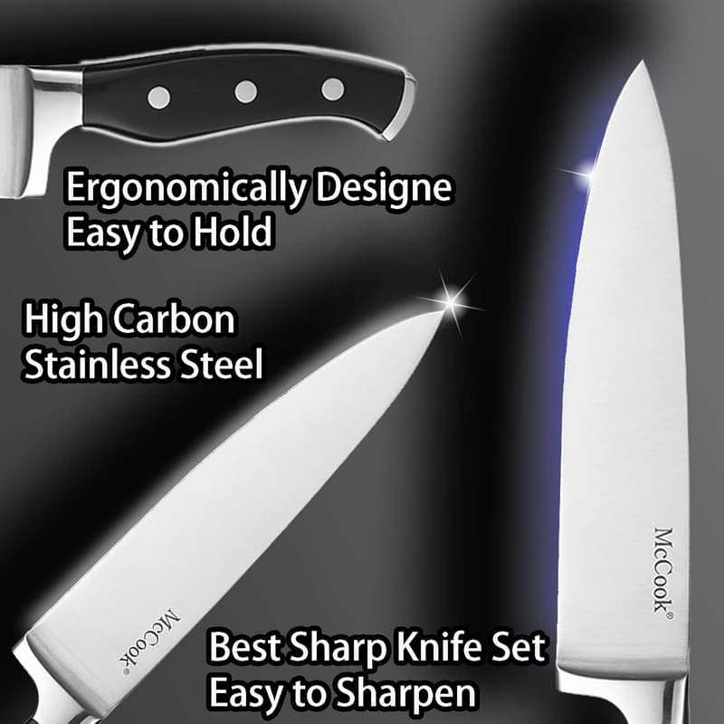 German Stainless Steel Kitchen Knife Block Set with Sharpener