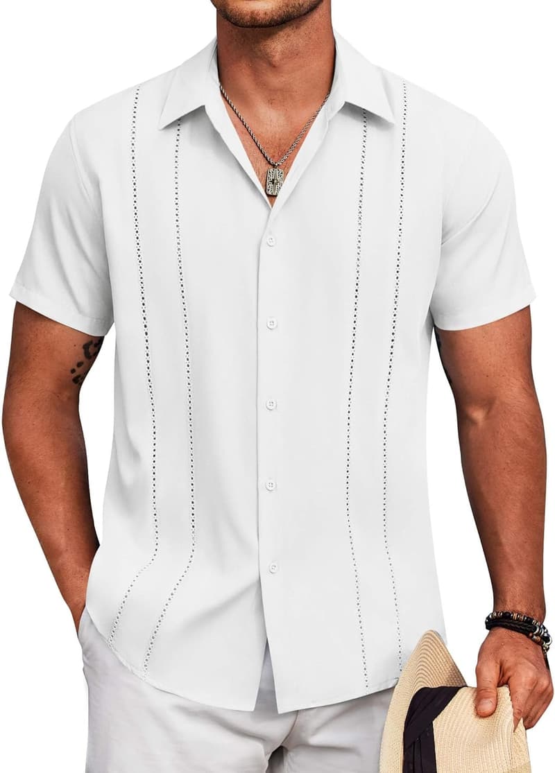 Men's Short Sleeve Cuban Guayabera Shirt for Summer Beach